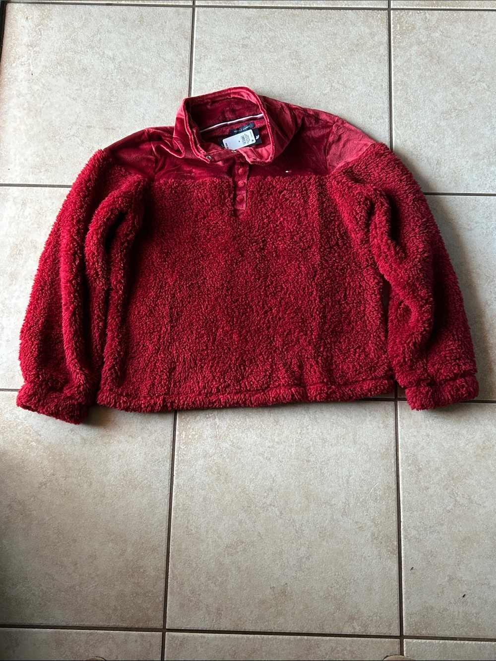 NWT Cozy Red Sherpa Fleece Pullover Snap Button Jacket Size M Tommy Hilfiger